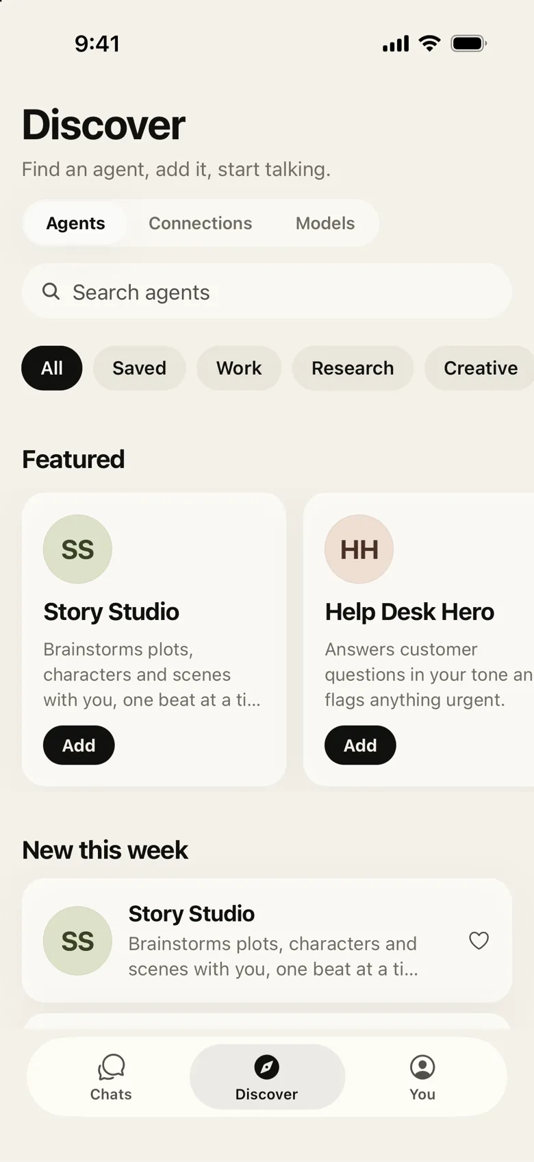 Discover: featured agents with an Add button