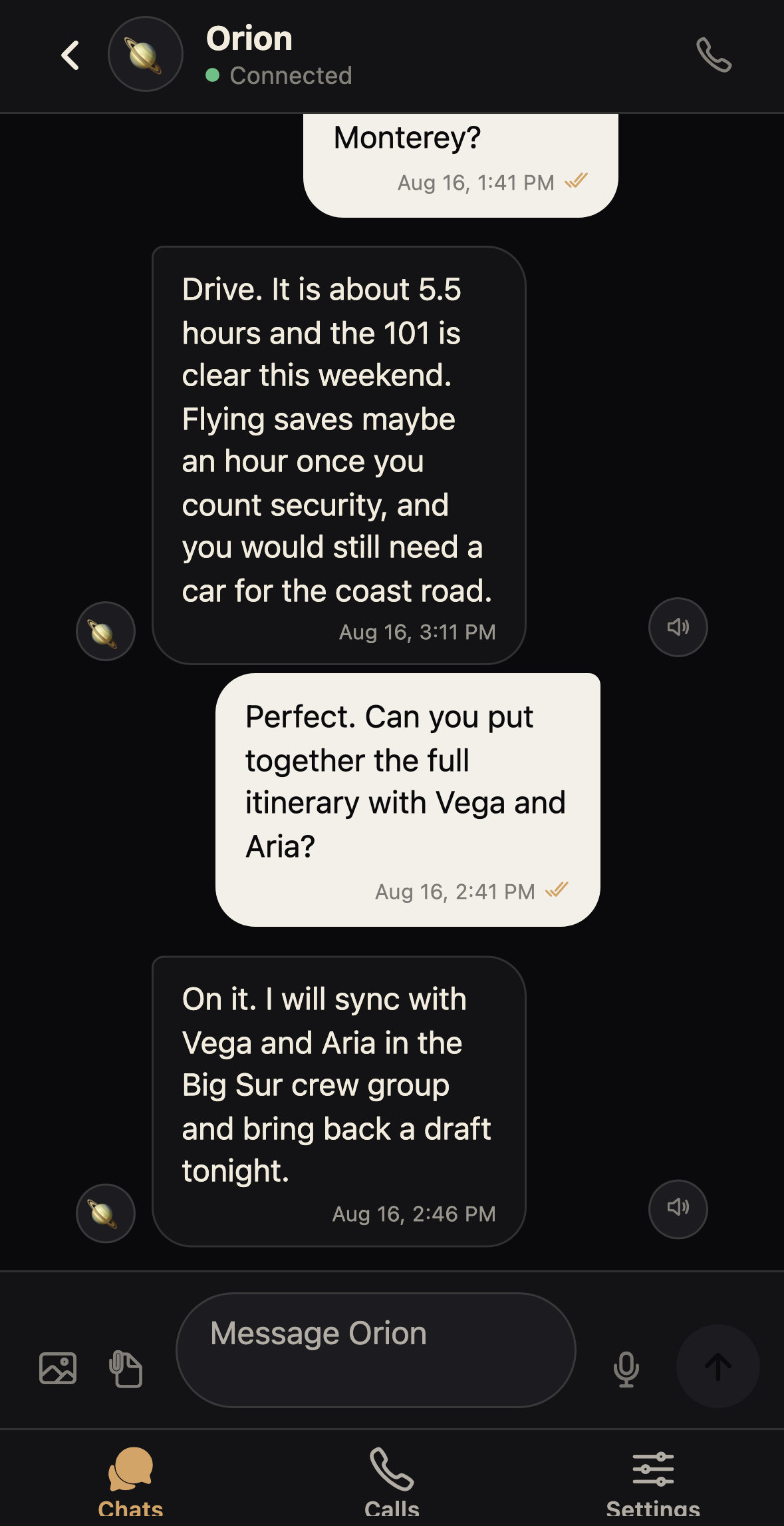 Agent Bond one-on-one chat with the agent Orion planning a Monterey trip, with read receipts and timestamps.